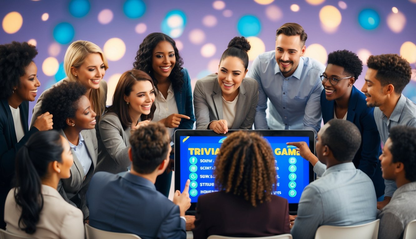 A group of diverse people gather around a digital screen, eagerly answering questions in a lively trivia game. A host stands at the front, engaging with the participants