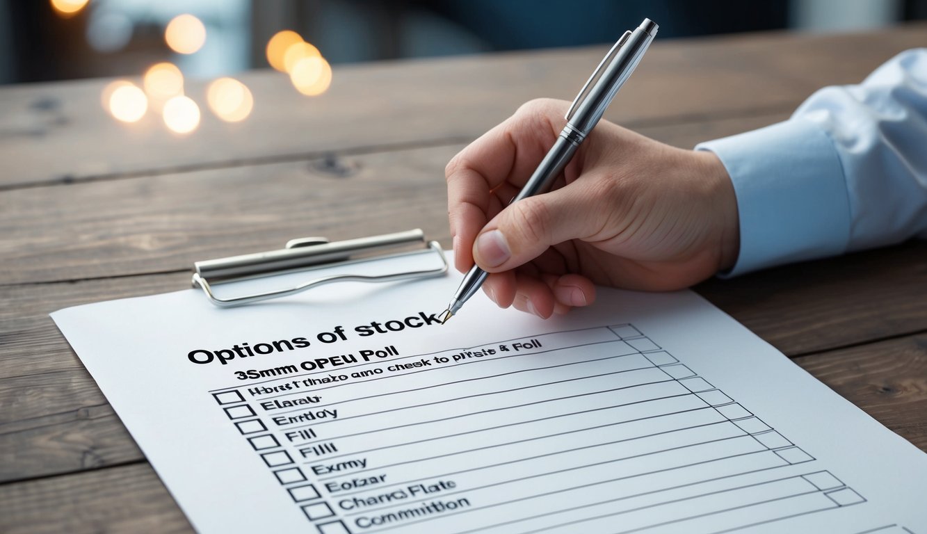 A hand holding a pen hovers over a blank sheet of paper with a list of options and checkboxes, ready to create a poll