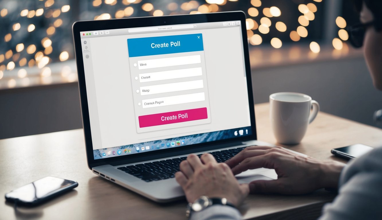 A computer screen with a web browser open to a poll creation page. A mouse cursor hovers over the "create poll" button
