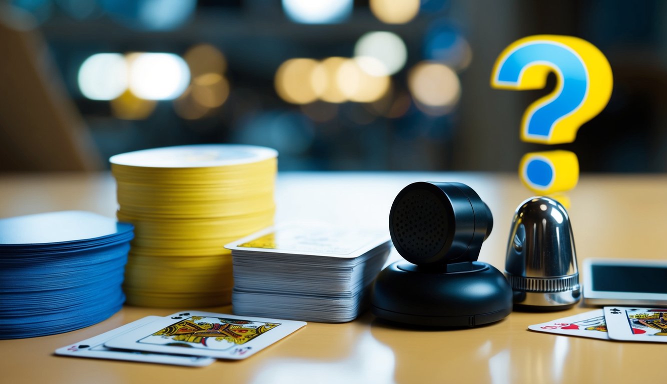 A group of diverse objects arranged on a table, including a stack of cards, a buzzer, and a question mark symbol