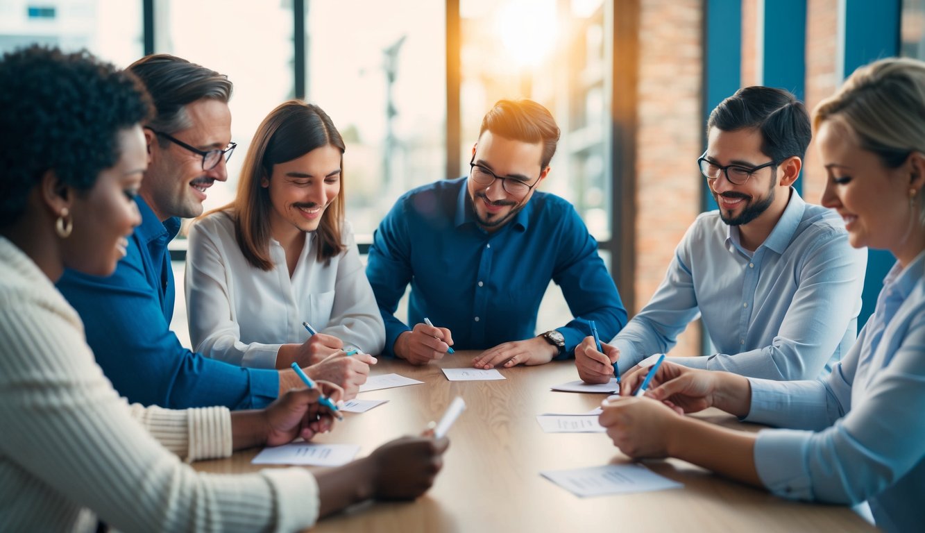 A group of people gathered around a table, engaged in lively conversation and writing down questions on small pieces of paper