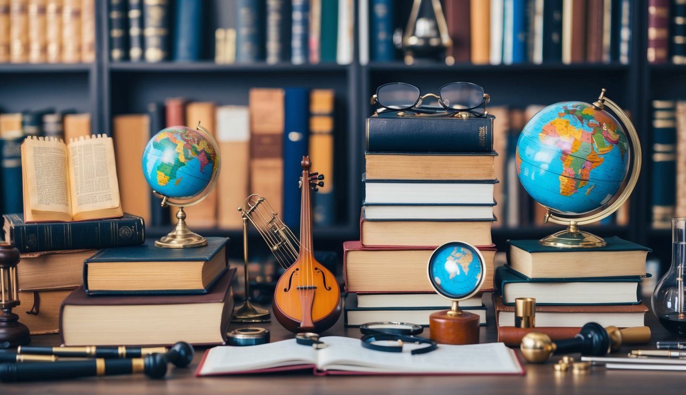 A group of diverse objects related to various topics and themes, such as books, globes, musical instruments, and scientific tools, arranged in an organized and visually appealing manner