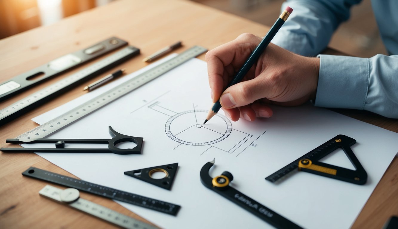 A hand holding a pencil, sketching various form design tools such as rulers, compasses, and protractors on a blank sheet of paper