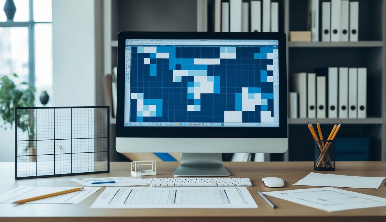 A desk with a computer, ruler, pencil, and paper. A grid and forms are scattered around. A bookshelf holds design books