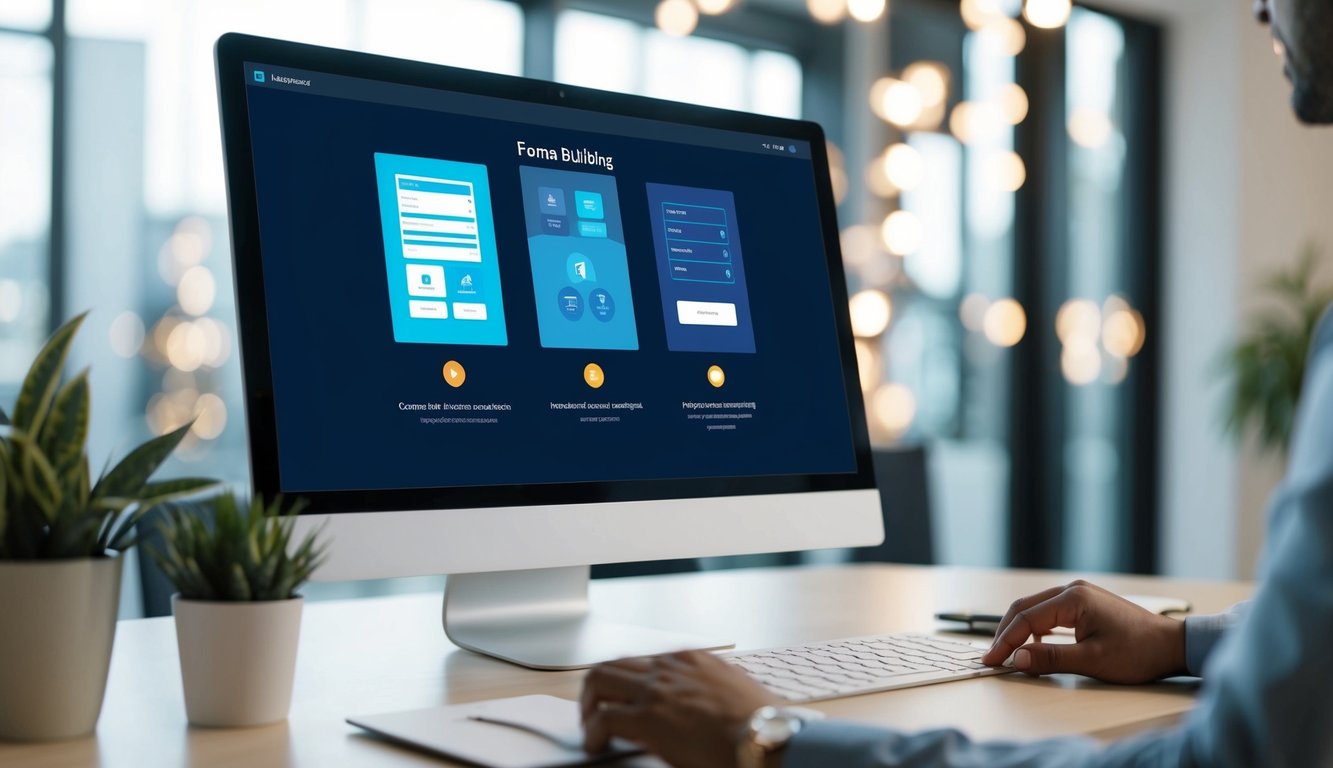 A computer screen displaying a sleek and modern form building interface with various tools and integration options