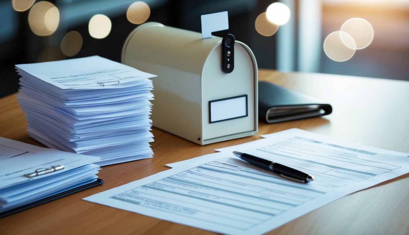 A desk with a pen and paper, surrounded by a stack of completed forms and a mailbox for submission