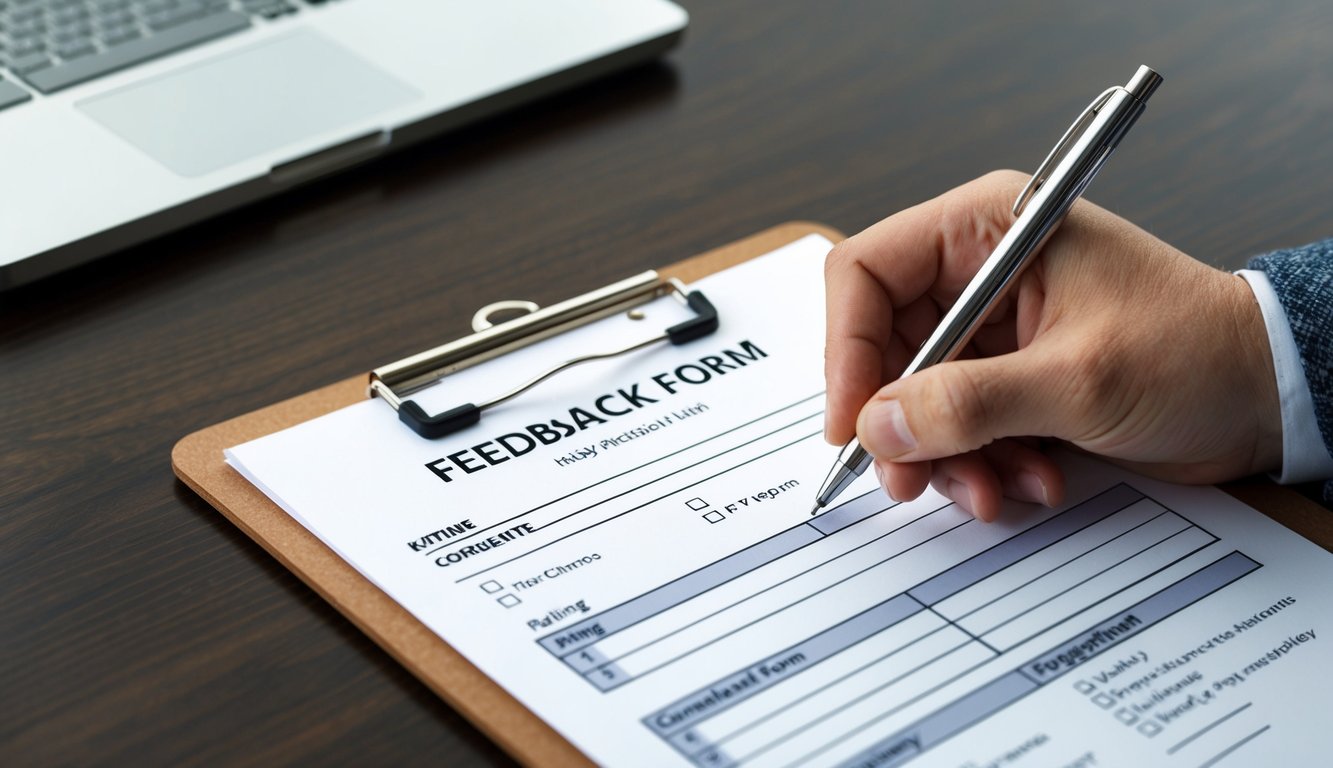 A hand holding a pen, filling out a feedback form on a clipboard. The form has sections for rating, comments, and suggestions