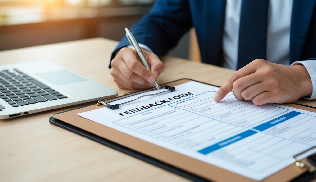 A person at a desk, filling out a feedback form on a clipboard with a pen. The form has various sections for different types of feedback