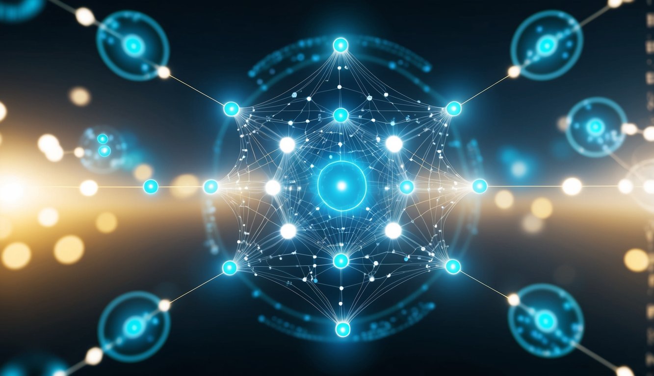 A network of interconnected nodes emitting light, with data traveling through quantum entanglement, creating a web of unhackable communication