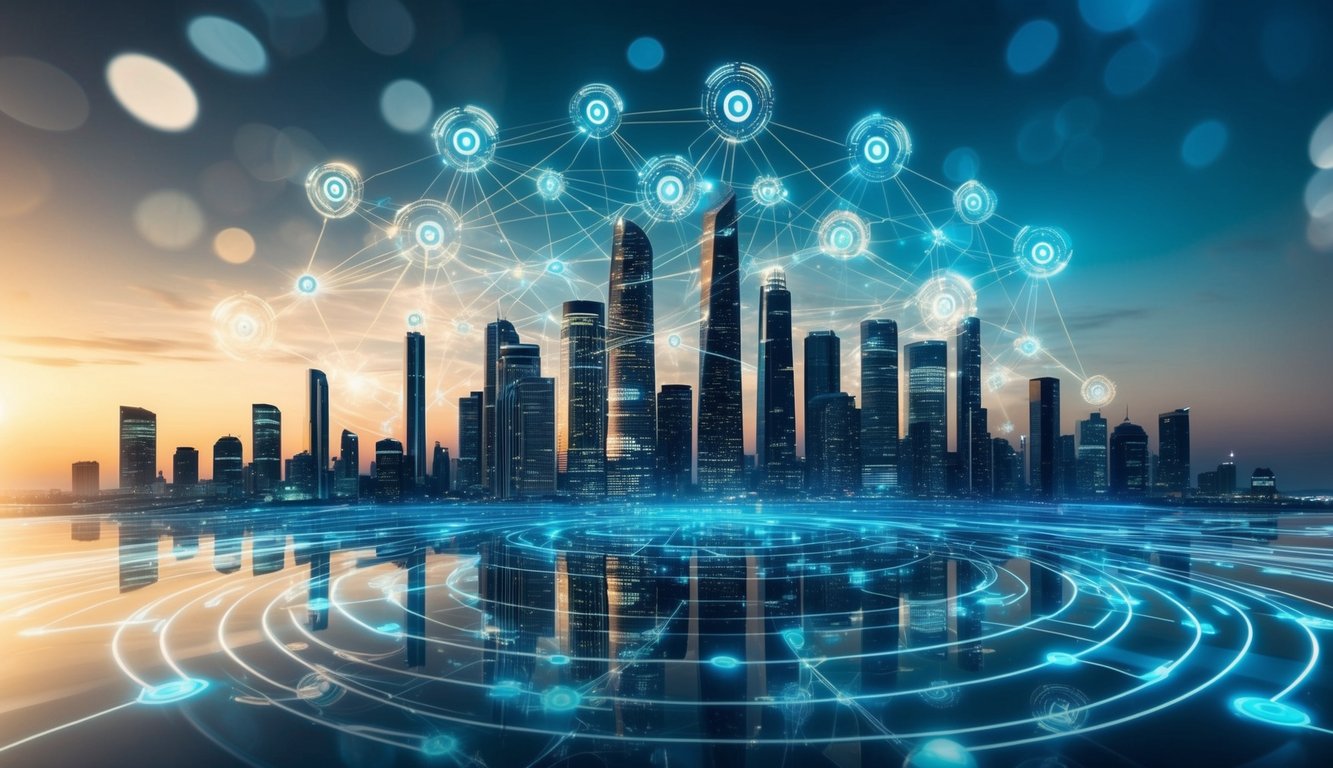 A futuristic city skyline with glowing, interconnected nodes representing a quantum internet network, surrounded by swirling patterns symbolizing the potential of unhackable communication and new possibilities in quantum computing