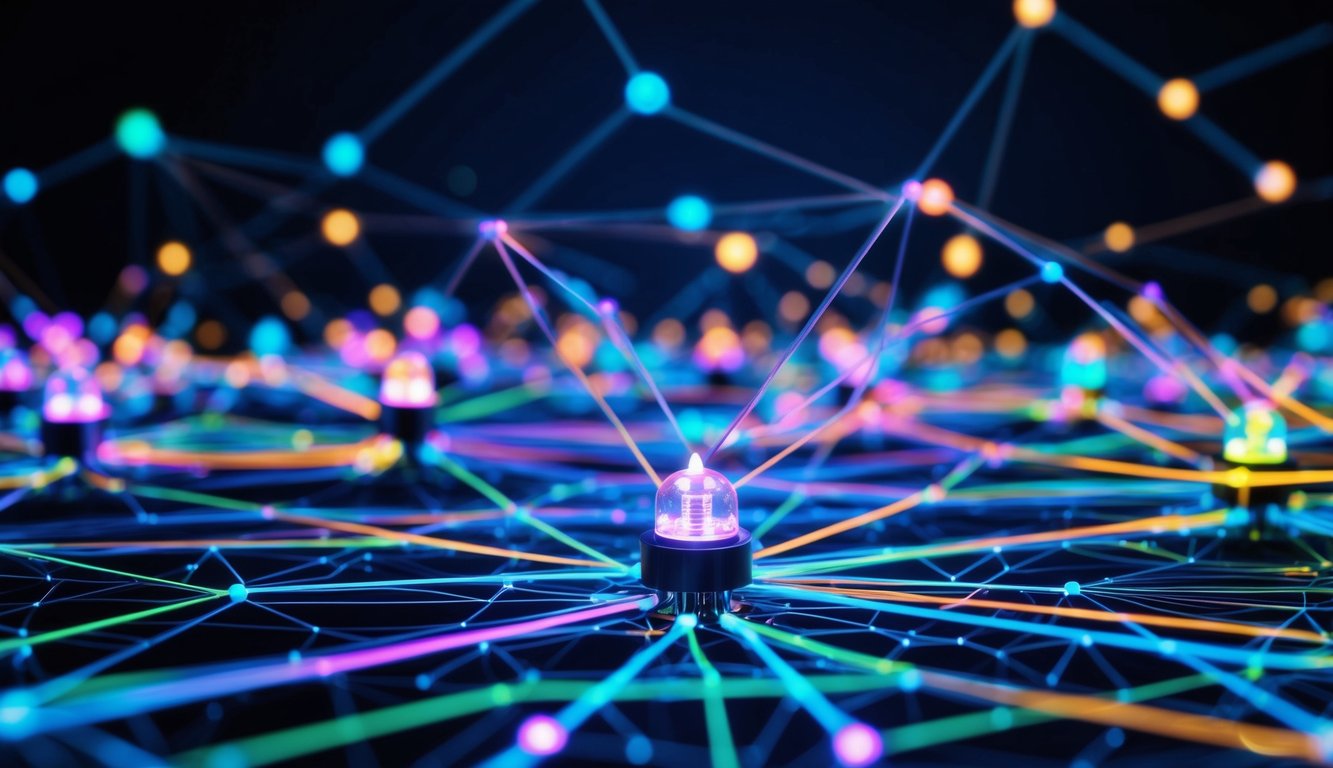 A network of interconnected quantum devices emitting bright, colorful light, with lines and nodes forming a complex and intricate web pattern