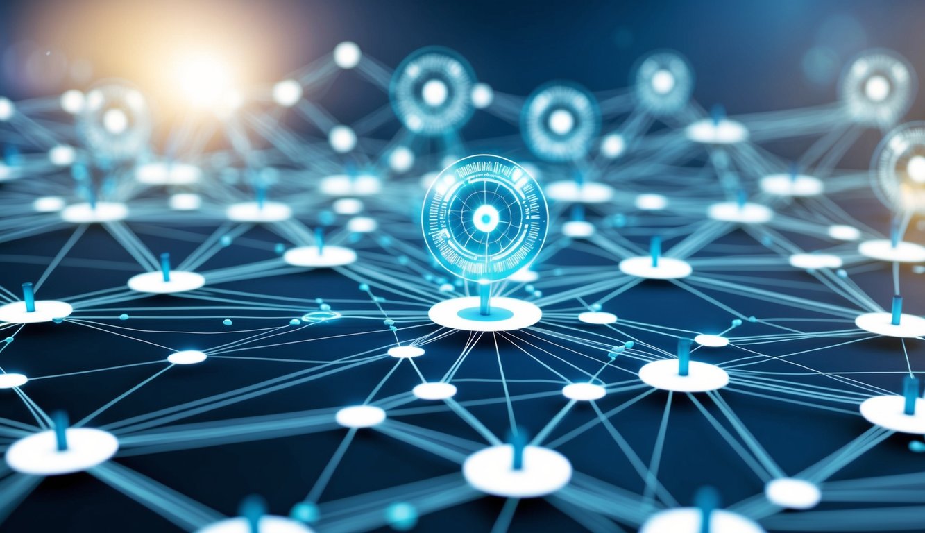 A complex network of interconnected nodes and pathways, with data flowing seamlessly through quantum channels, representing the futuristic concept of an unhackable quantum internet