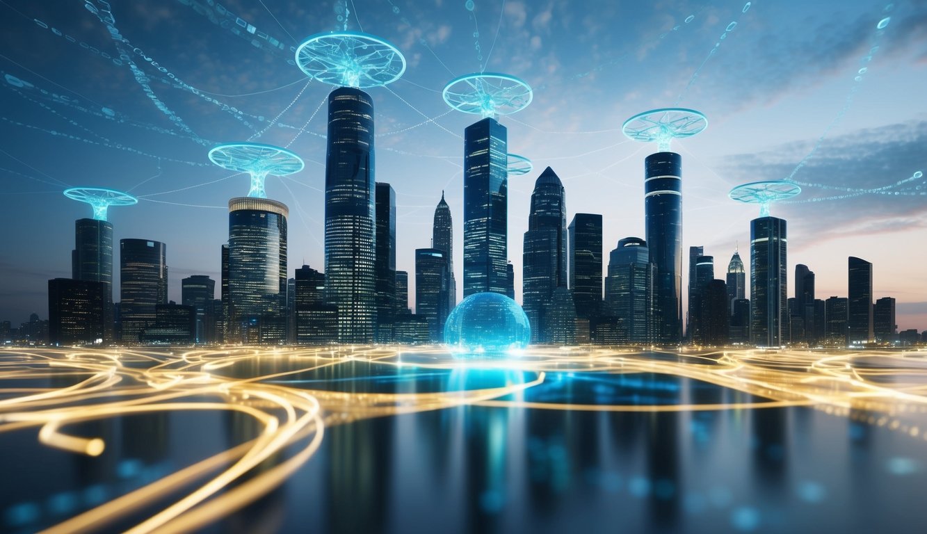 A futuristic city skyline with glowing, interconnected nodes representing the quantum internet, surrounded by swirling data streams and a sense of limitless potential