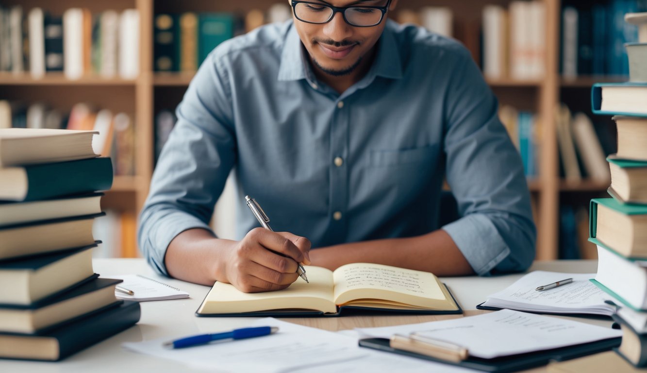 A person brainstorming, surrounded by books and papers. They are jotting down notes and ideas for trivia questions on a notepad