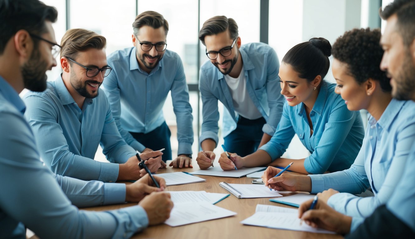 A group of people gathered around a table, engaged in lively discussion and brainstorming, jotting down ideas on paper