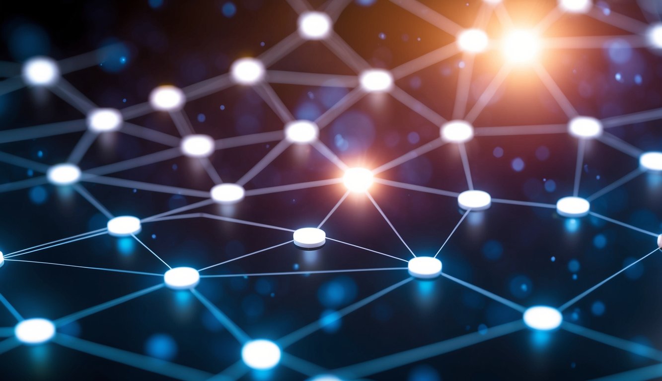 A web of interconnected nodes emitting light, representing the future of quantum internet