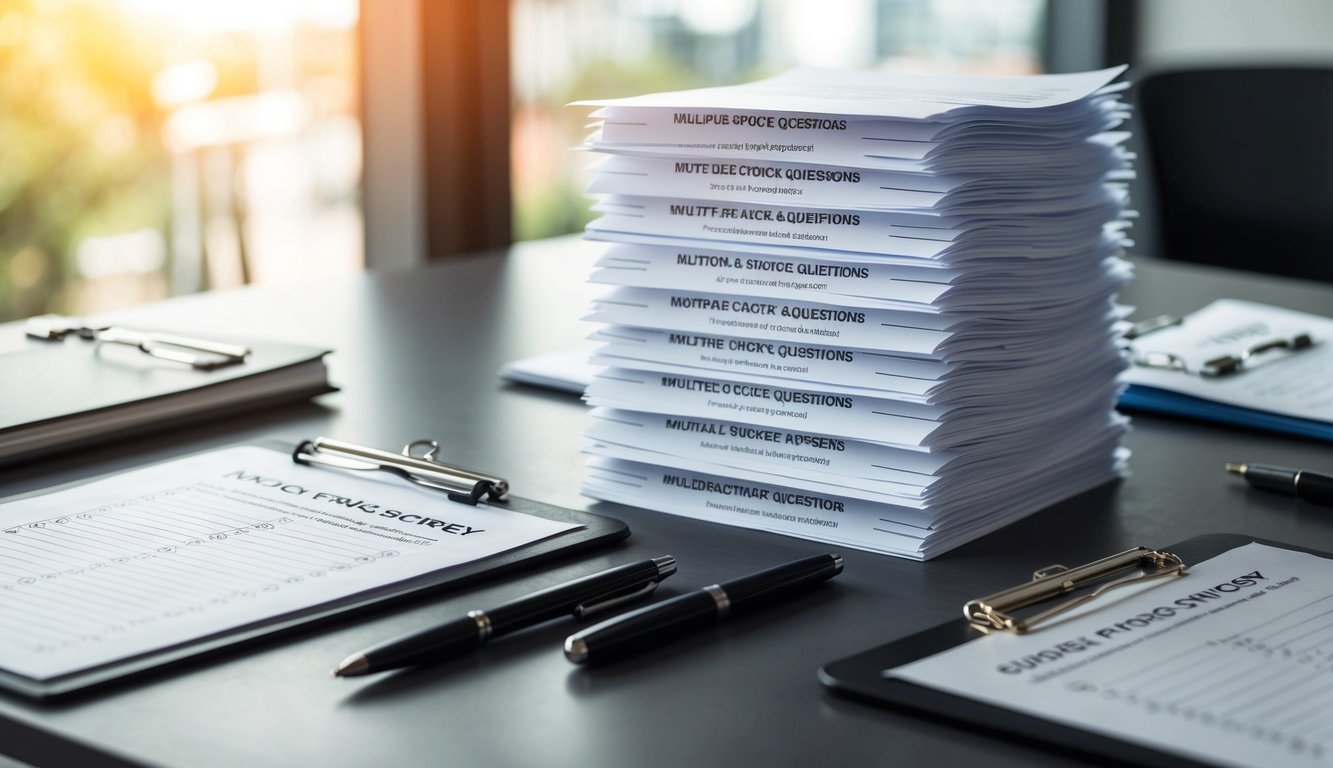 A stack of survey papers with multiple choice questions arranged neatly on a desk, surrounded by a pen and a clipboard