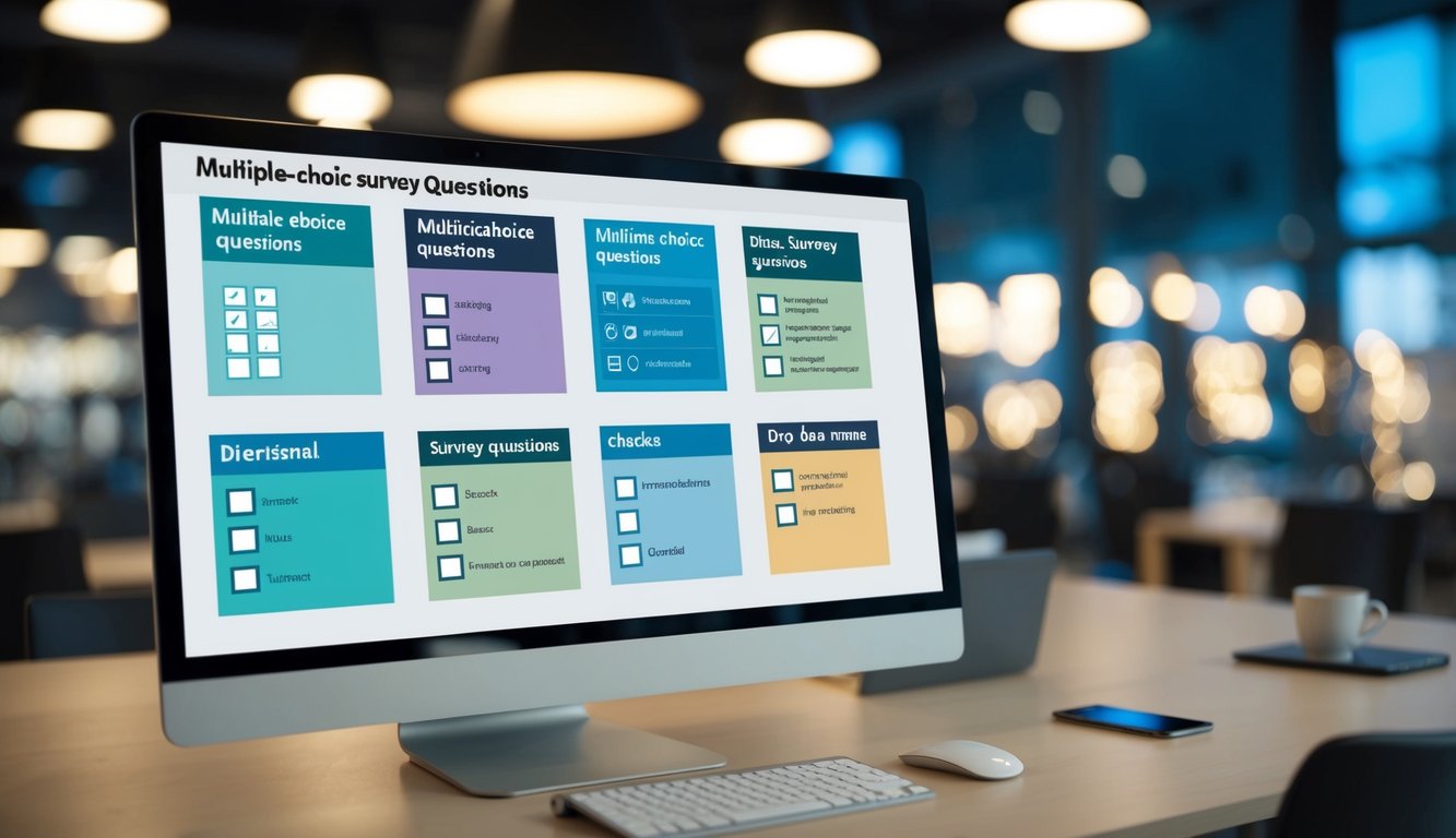 A table with various types of multiple-choice survey questions displayed on a computer screen, with different formats such as radio buttons, checkboxes, and drop-down menus