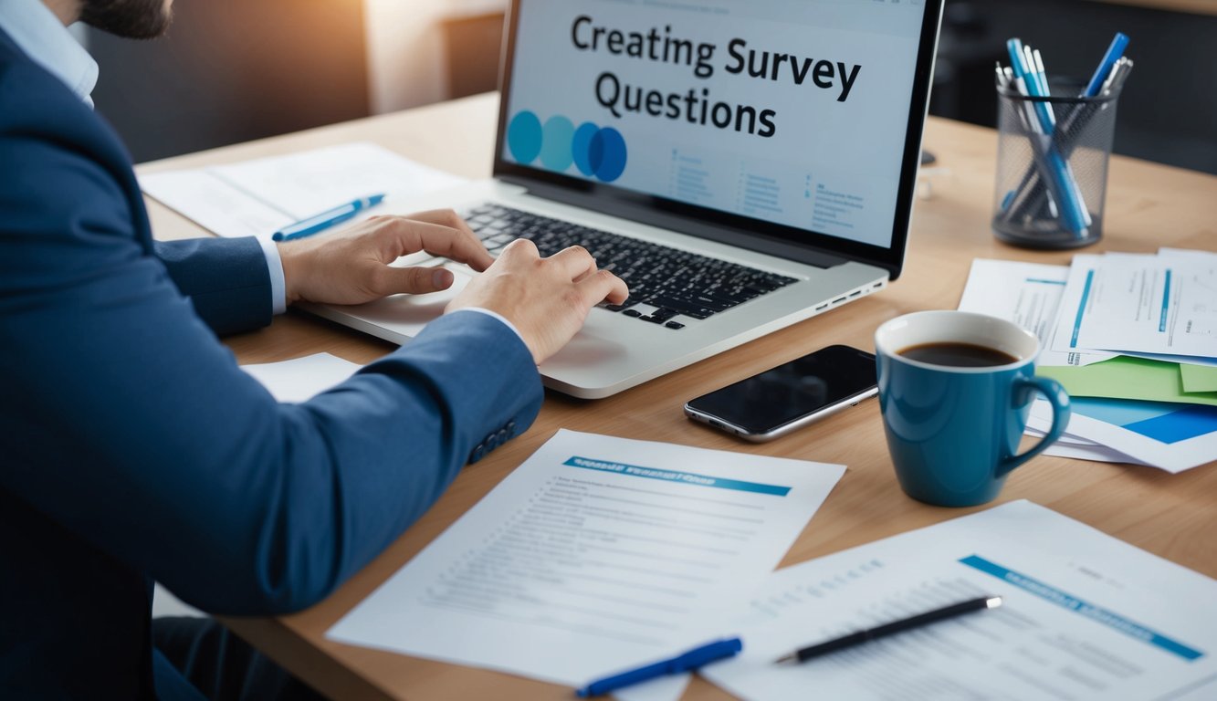 A person at a desk, creating survey questions on a computer. Papers, pens, and a cup of coffee are scattered around the workspace