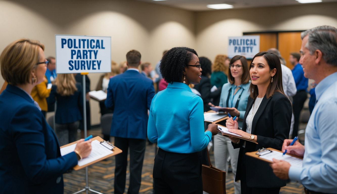 A bustling room with people holding clipboards, talking and gesturing. A sign with the words "Political Party Survey" is displayed prominently