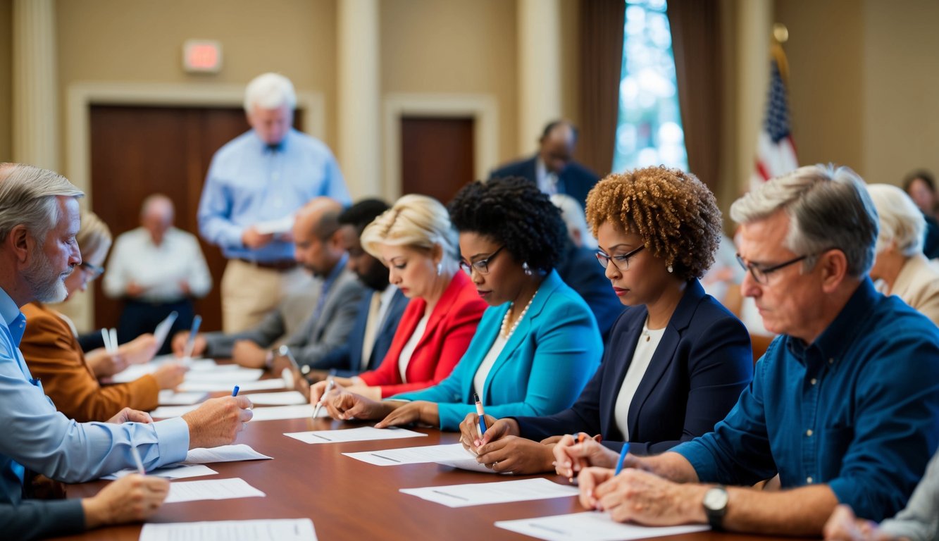 A diverse group of people filling out political surveys in a town hall setting