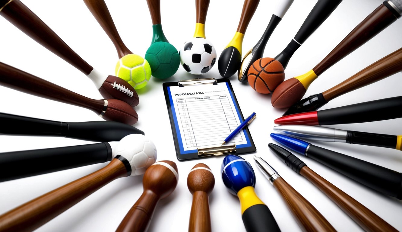 A group of sports-related objects arranged in a circle, with a clipboard and pen in the center for polling