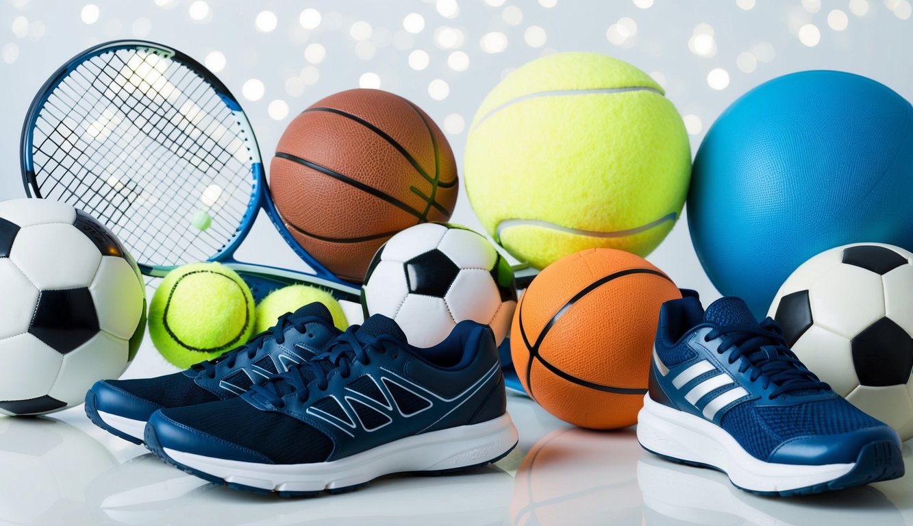 A group of diverse sports equipment arranged on a clean, white background. Items include a basketball, soccer ball, tennis racket, and running shoes