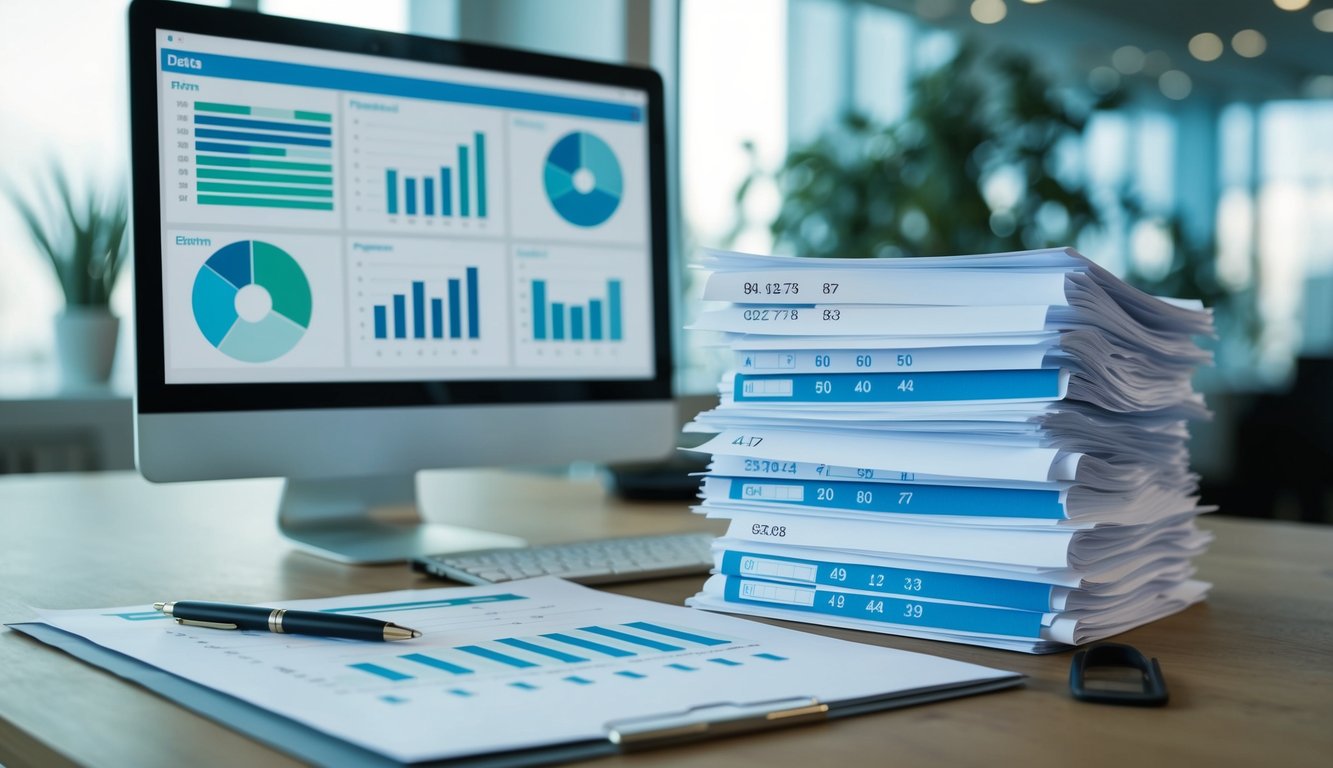 A stack of papers with checkboxes and rating scales, a pen, and a computer displaying data analysis graphs and charts