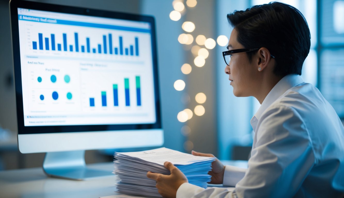 A researcher sits at a desk with a stack of questionnaires. A computer screen shows data analysis charts in the background