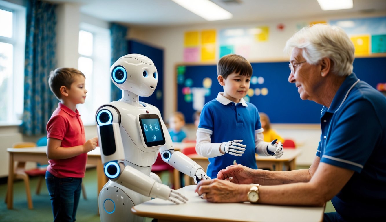 A social robot interacts with children in a classroom, while another assists an elderly person with daily tasks in a care facility