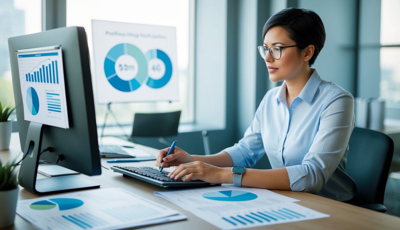 A person is sitting at a desk with a computer, surrounded by charts, graphs, and survey forms. They are analyzing data and making notes