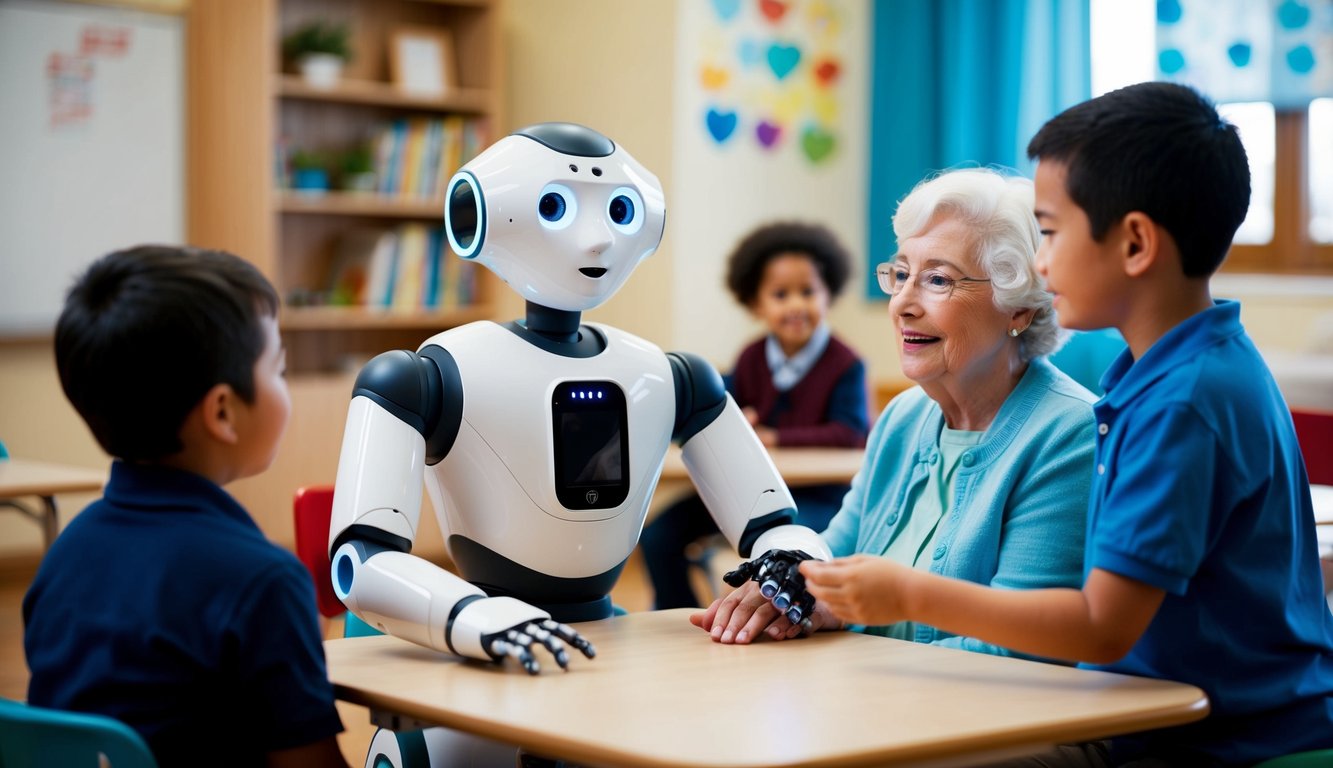 A social robot interacts with children and elderly individuals in a classroom and care facility, providing companionship and educational support