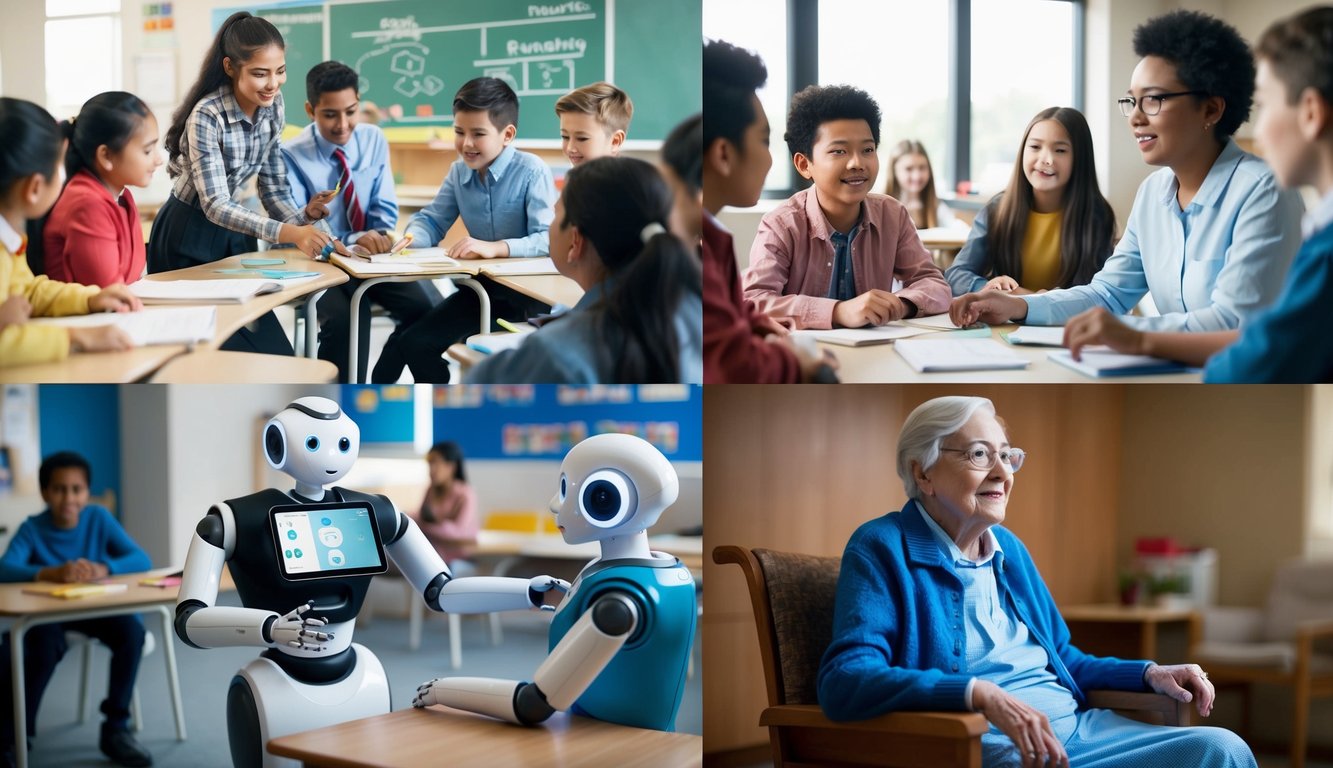 A social robot interacts with students in a classroom setting, engaging them in educational activities. In another scene, a social robot provides companionship to an elderly person in a care facility