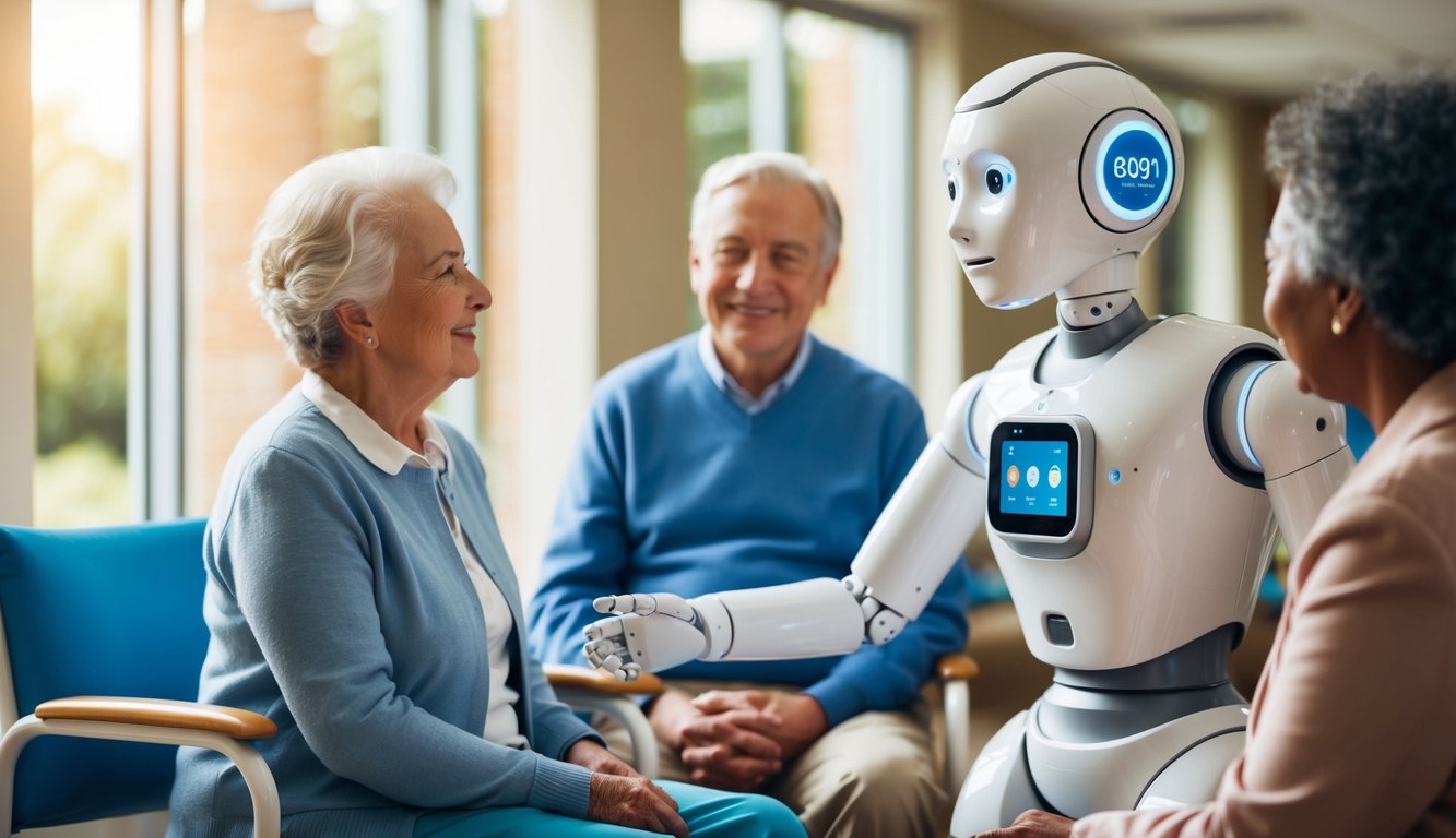 A social robot interacts with elderly individuals in a care facility. It engages in conversation and assists with daily tasks, providing companionship and support