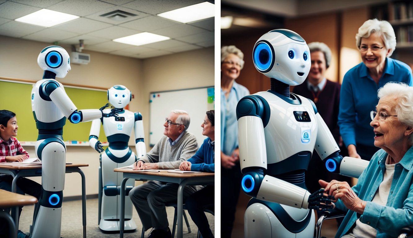 A social robot interacts with students in a classroom, while another robot engages with elderly individuals in a care facility. The robots display various emotions and behaviors, eliciting different responses from the students and elderly