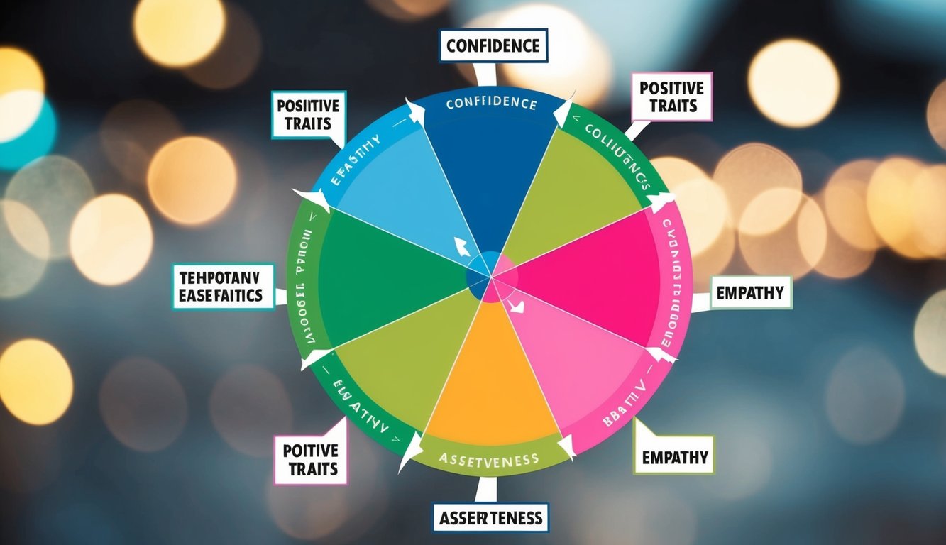 A colorful wheel diagram with arrows pointing towards positive traits such as confidence, empathy, and assertiveness