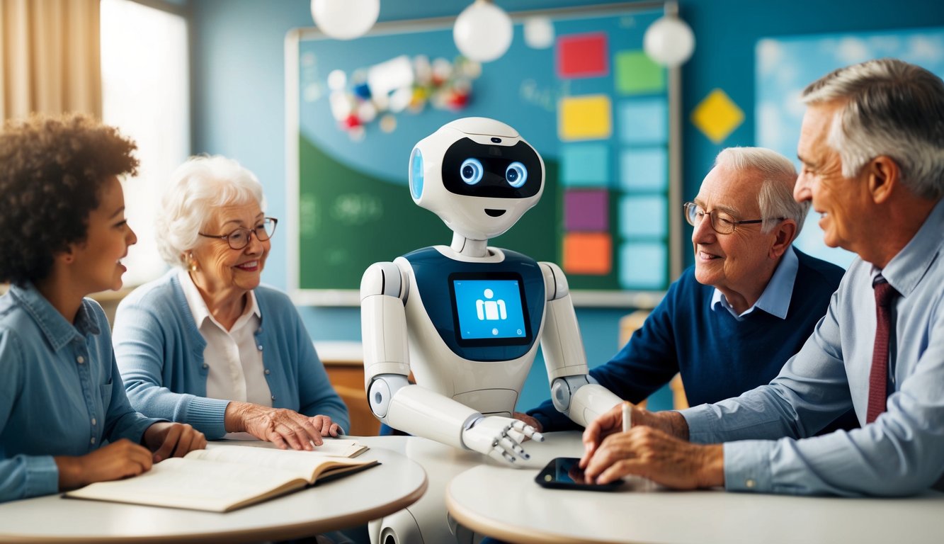 A social robot interacts with students and elderly residents in a classroom and care facility setting, engaging in educational and caregiving activities