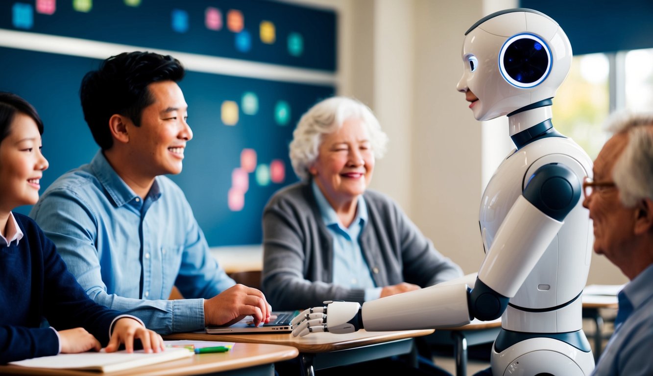 A social robot interacting with students in a classroom setting, or engaging with elderly individuals in a care facility