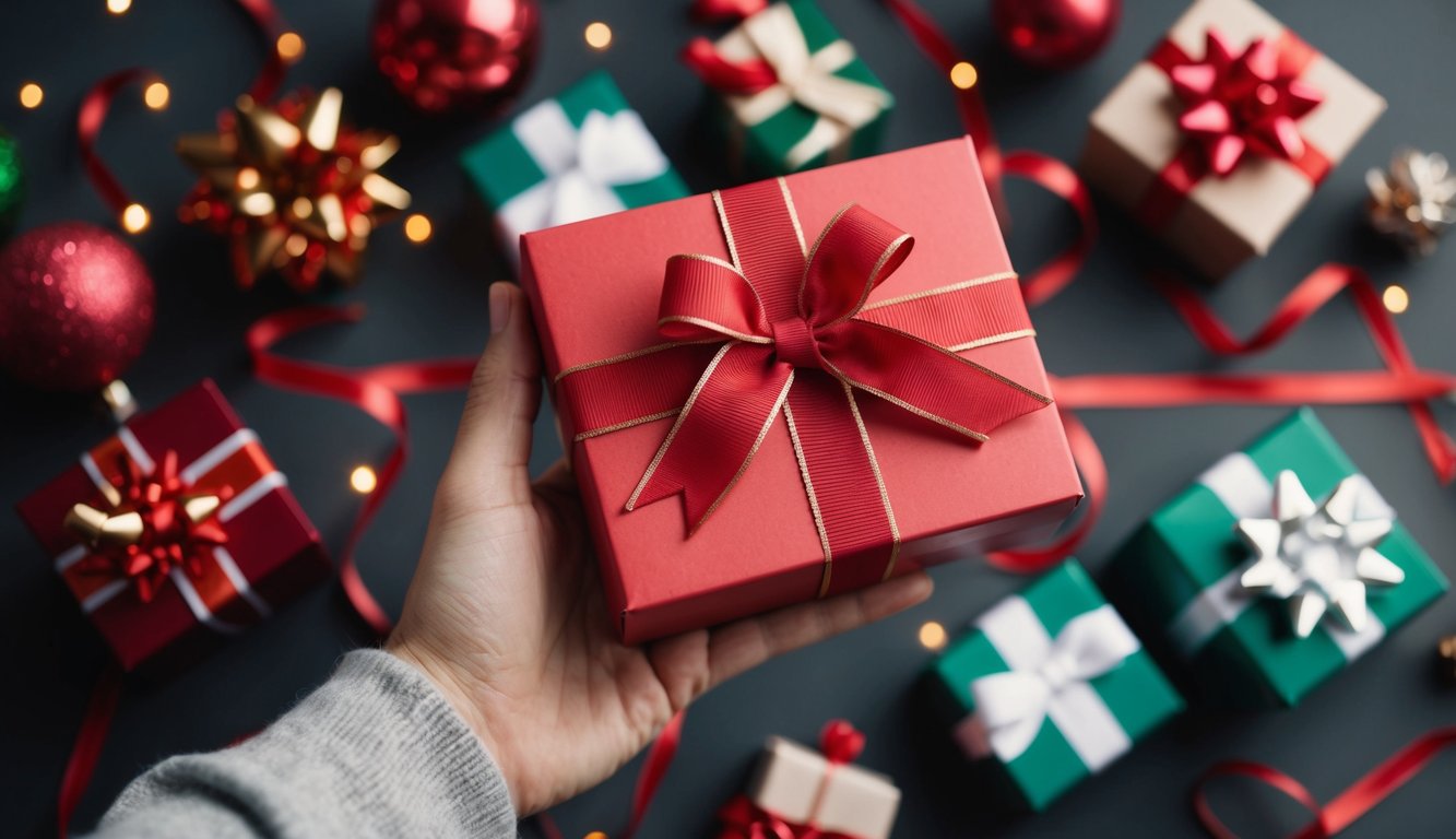 A hand holding a gift box, surrounded by festive ribbons and bows