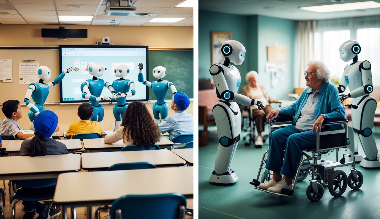 A classroom with social robots interacting with students, and an elderly care facility with robots assisting residents