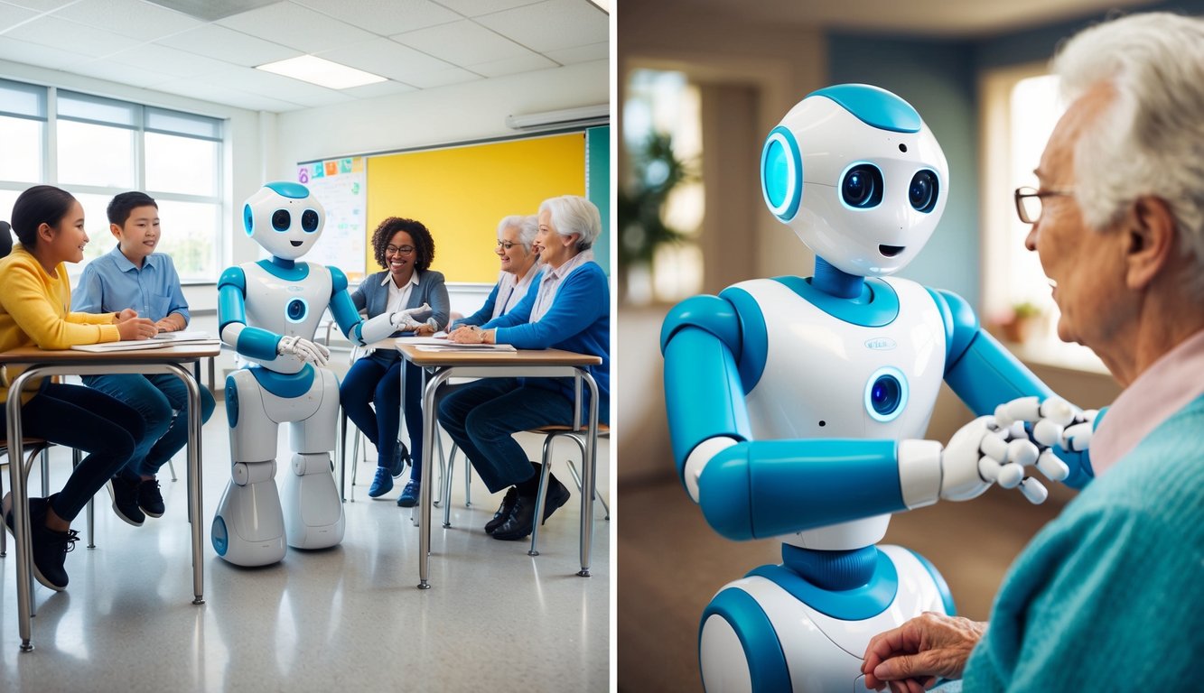 A classroom with a social robot interacting with students, and an elderly care facility with a social robot engaging with seniors