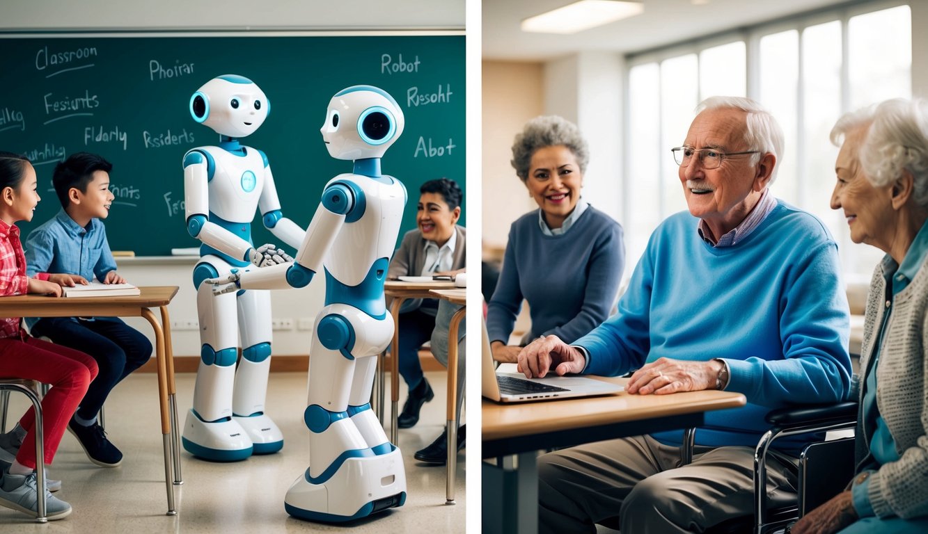 A classroom with a social robot interacting with students, and an elderly care facility with a social robot engaging with residents