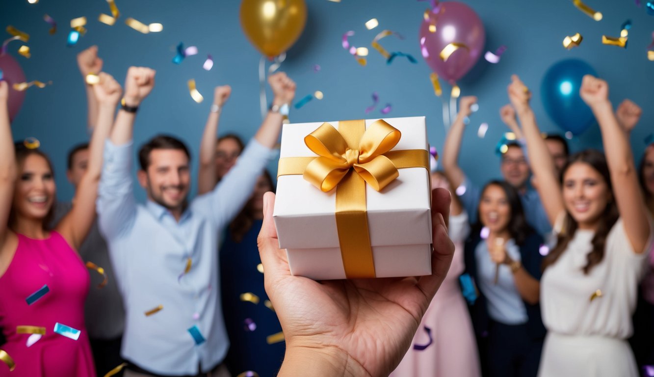 A hand holding a gift box with a bow, surrounded by confetti and balloons, with people cheering in the background