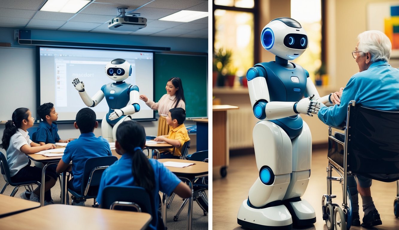 A classroom setting with a social robot interacting with students, and an elderly care facility with a social robot assisting an elderly person