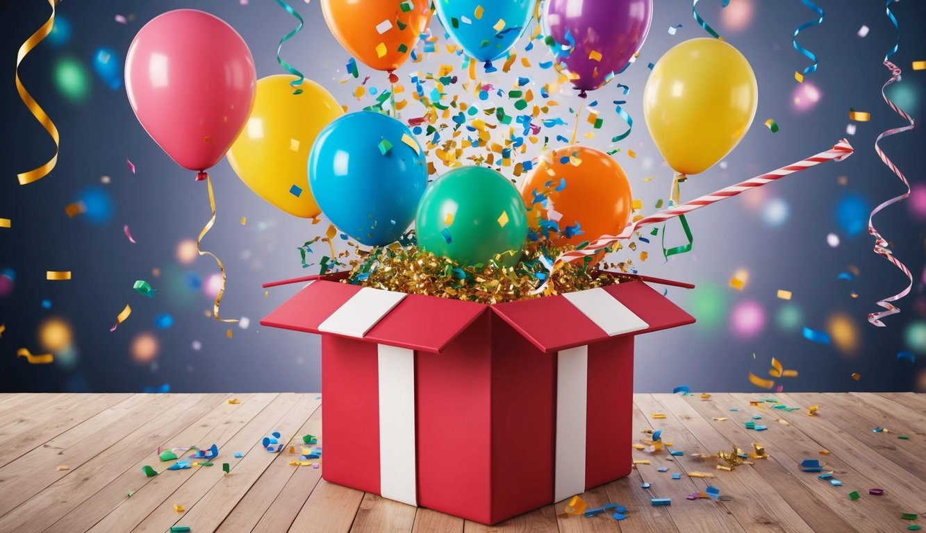 Colorful balloons and confetti burst from a giant gift box, while a streamer shoots out, revealing the prize inside. A playful scene of excitement and celebration