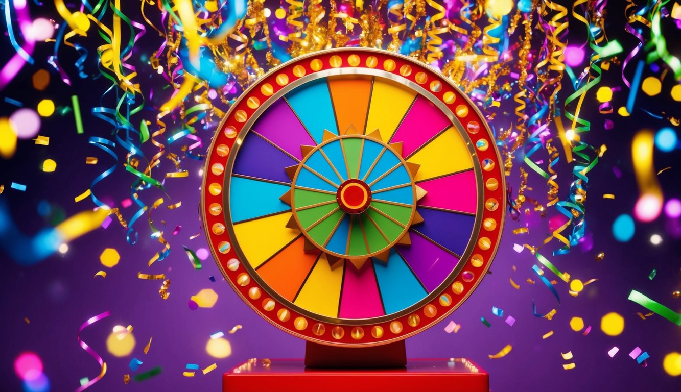 A colorful wheel of fortune spinning with excitement as it lands on different prize options. Confetti and streamers fill the air, adding to the festive atmosphere