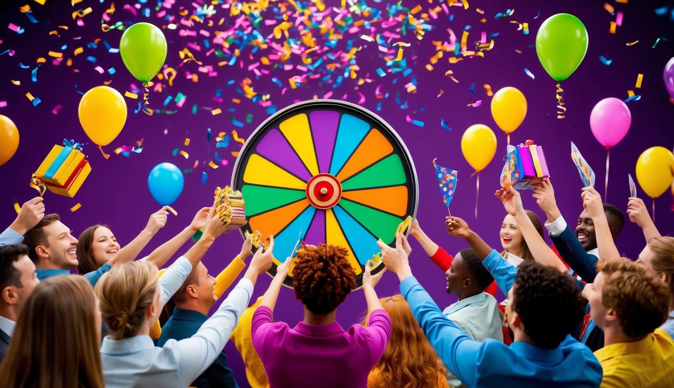 A colorful wheel spinning, confetti flying, and balloons floating as prizes are handed out to excited winners