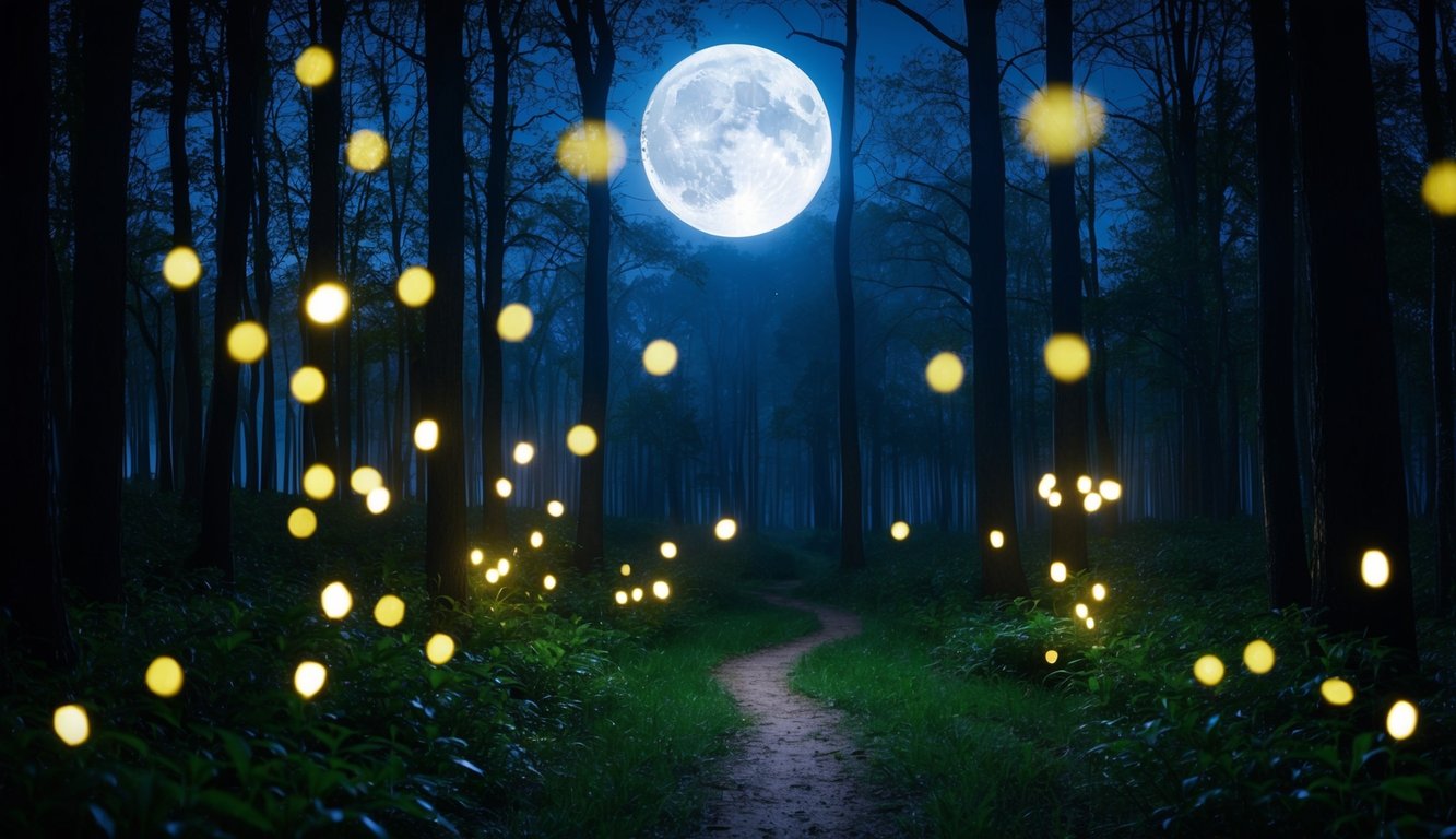 A mysterious forest at night, with glowing fireflies and a full moon shining through the trees. A small path winds through the woods, leading to an unknown destination