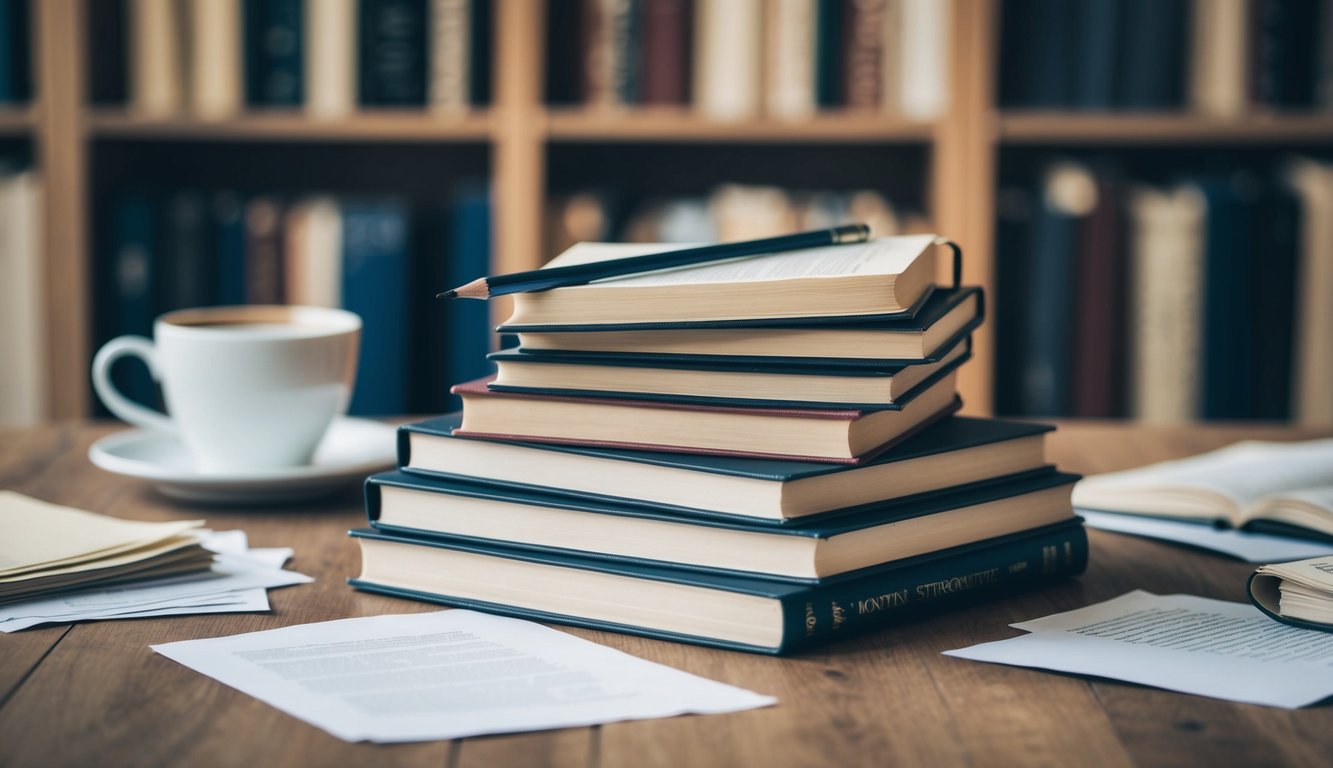 A stack of open books with a pencil resting on top, surrounded by scattered papers and a cup of coffee