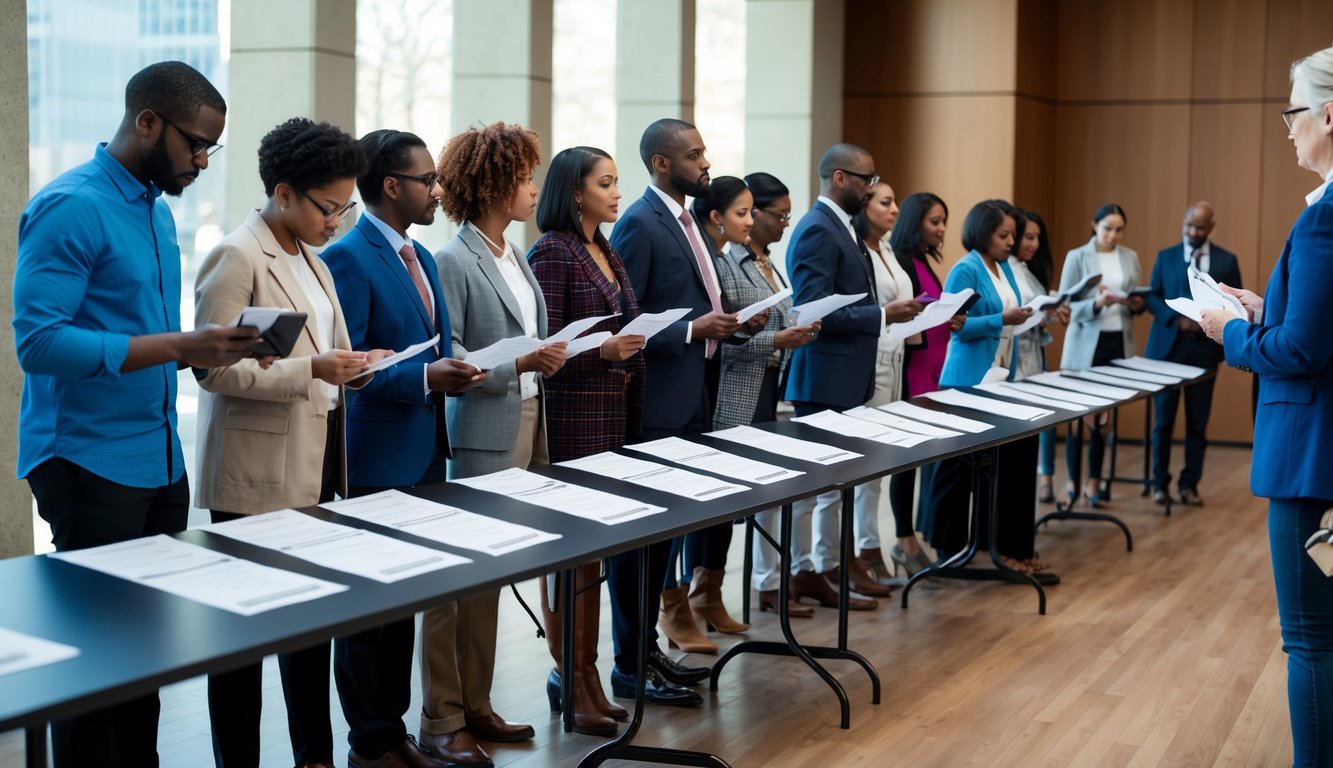 A group of diverse individuals standing in line to participate in a public opinion poll, with a variety of survey questionnaires displayed on a table